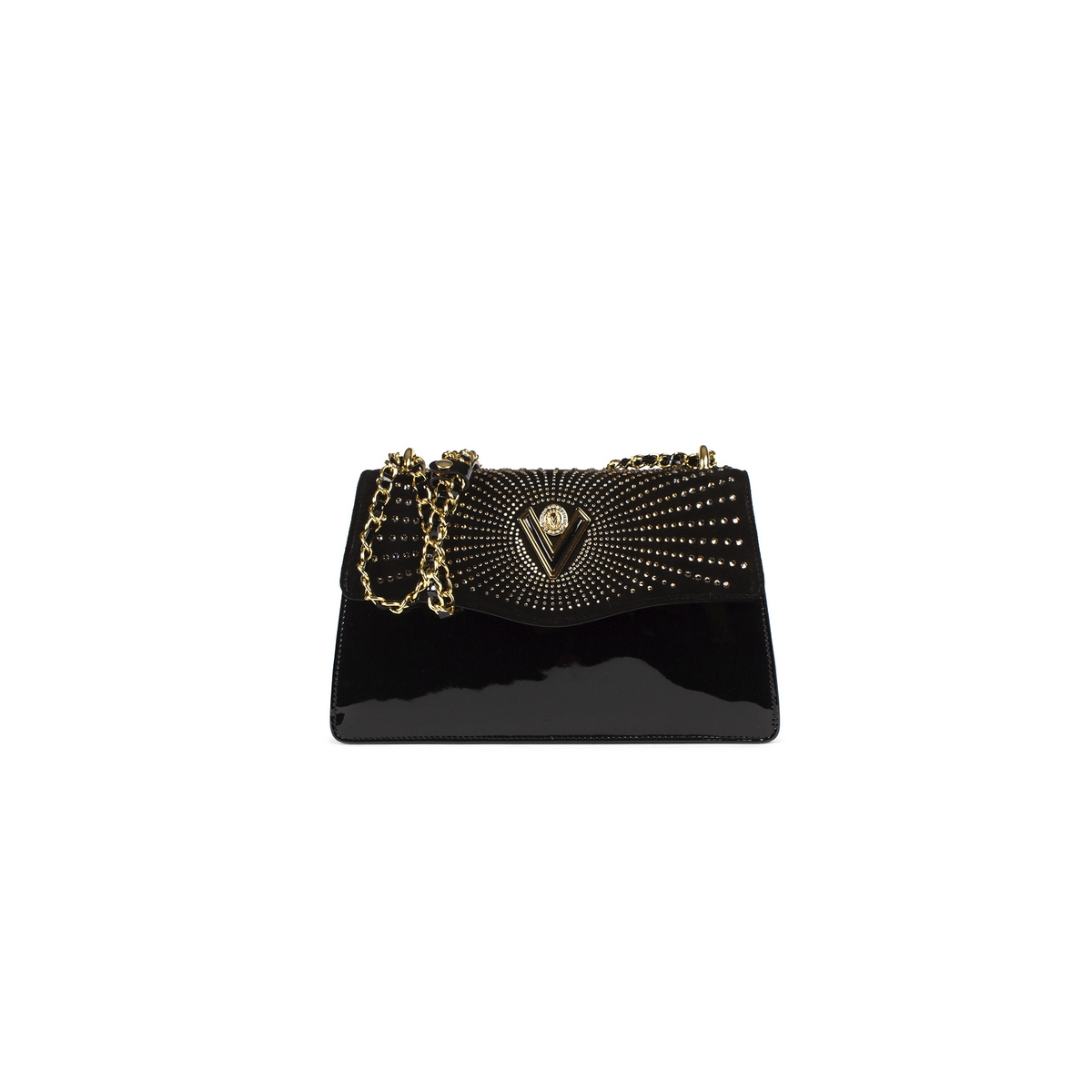 BLACK LEATHER SHOULDER BAG 6897 WITH RHINESTONES FOR WOMEN