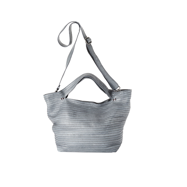 Handmade Italian Production Double Handle Grey Striped Genuine Leather Tote Bag For Fashion Lady
