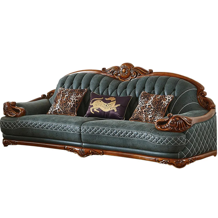 European-style sofa large apartment villa living room solid wood carved cowhide American sofa 123 co