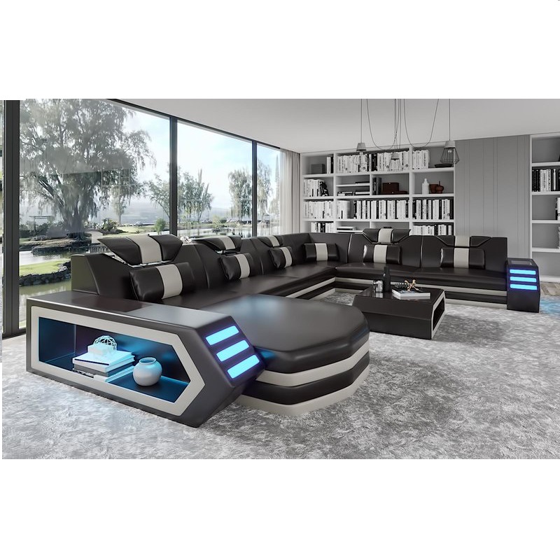 2021 Hot sale high quality LED U shape home furniture modern design living room black color leather 