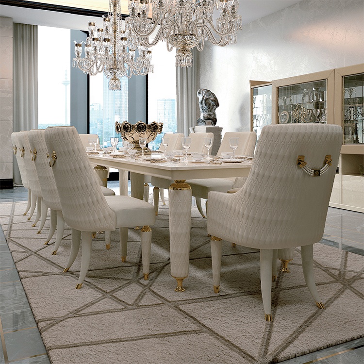 Light luxury home furniture marble rectangle white solid wood frame dining table modern