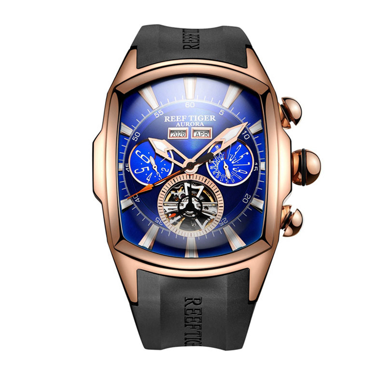 REEF TIGER RGA3069 Top Brand Luxury Big Watch for Men Blue Dial Mechanical Tourbillon Sport Watches 